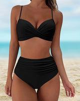 Hannah | Damen Blumen High-Waist Bikini-Set – Schwarz