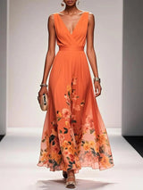 Emilia | Damen Blumen Maxikleid V-Ausschnitt Ärmellos – Orange
