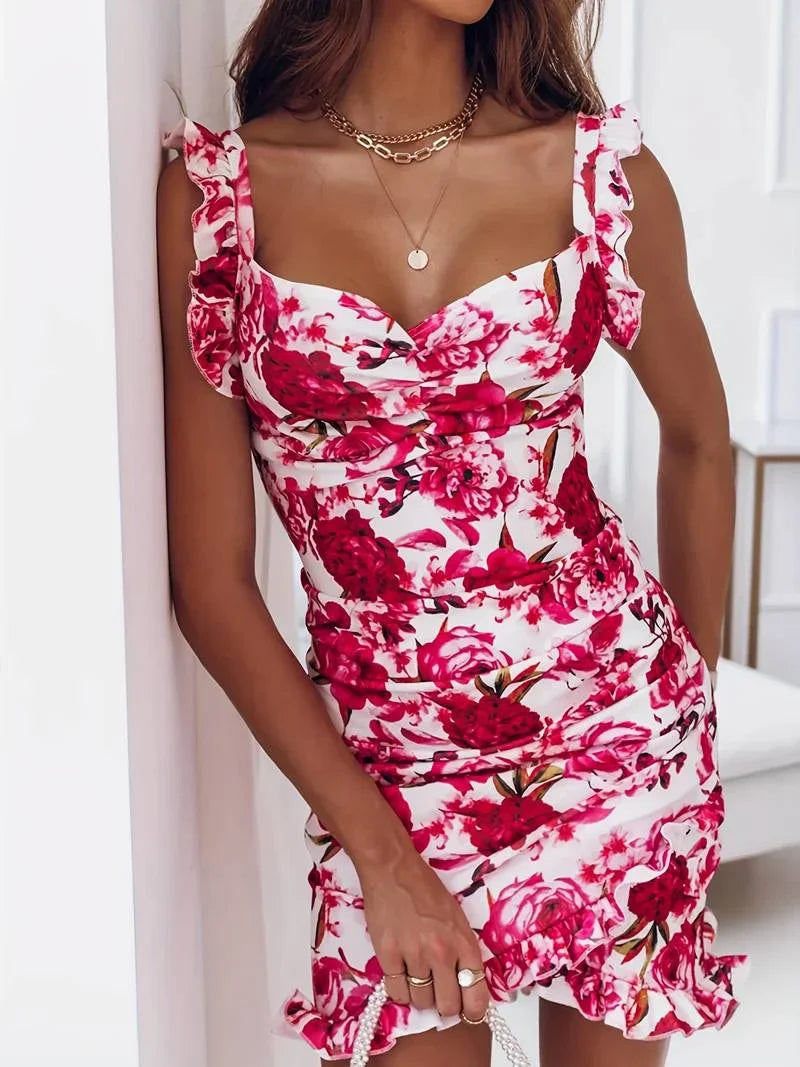 Damen Blumen Minikleid mit V-Ausschnitt und Rüschen