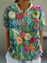 Leonie | Damen Bluse Aquarell Blumenmuster Kurzarm – Mehrfarbig