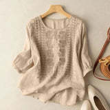 Johanna | Damen Bluse Bestickt 3/4 Ärmel Baumwolle Locker – Beige