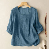 Johanna | Damen Bluse Bestickt 3/4 Ärmel Baumwolle Locker – Staubiges Blau