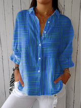 Charlotte | Damen Bluse Gestreift Langarm V-Ausschnitt – Blau