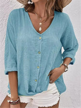 Emilia | Damen Bluse V-Ausschnitt Dreiviertelarm Baumwolle – Hellblau