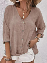Emilia | Damen Bluse V-Ausschnitt Dreiviertelarm Baumwolle – Hellbraun