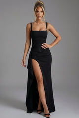 Amelie | Damen Bodycon Maxikleid mit Beinschlitz und offenem Rücken – Schwarz