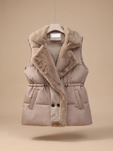 Hannah | Damen Bodywarmer gesteppte Weste Kunstpelz-Schalkragen Tunnelzug – Khaki