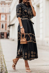 Mia | Damen Boho Gürtel Midi Kleid Dreiviertelarm Geometrisches Muster – Schwarz