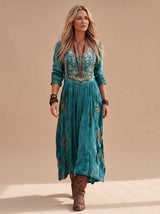 Frieda | Damen Boho-Kleid Langarm V-Ausschnitt Vintage Midi-Kleid – Grün