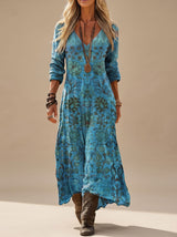 Annika | Damen Boho Kleid Langarm Vintage Blumenprint V-Ausschnitt Maxi – Blau