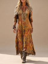 Lena | Damen Boho Maxi-Kleid Langarm V-Ausschnitt Vintage Paisley – Mehrfarbig