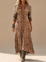 Amelie | Damen Boho Maxi Kleid Langarm Vintage V-Ausschnitt Casual Dress – Mehrfarbig