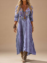 Leonie | Damen Boho Maxi-Kleid mit Stickerei V-Ausschnitt Langarm Vintage – Lila
