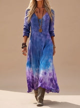 Nora | Damen Boho Maxi-Kleid mit V-Ausschnitt Langarm Tie-Dye Fließend – Mehrfarbig