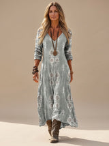Marlene | Damen Boho Maxi-Kleid mit V-Ausschnitt Langarm Vintage-Print – Mehrfarbig