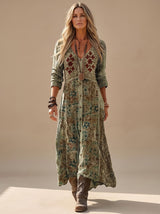 Elisabeth | Damen Boho Maxi-Kleid mit V-Ausschnitt Langarm Vintage-Print – Mehrfarbig