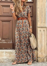 Charlotte | Damen Boho Maxikleid V-Ausschnitt mit Gürtel Kurzarm – Braun