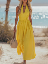 Lena | Damen Boho Neckholder Maxi Kleid aus Leinen – Gelb