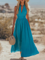 Lena | Damen Boho Neckholder Maxi Kleid aus Leinen – Blaugrün