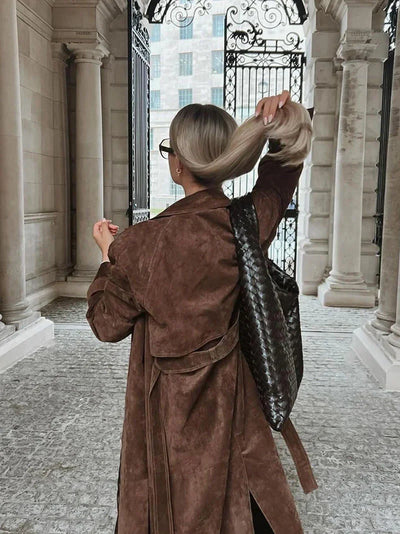 Damen brauner Trenchcoat mit Gürtel und Revers