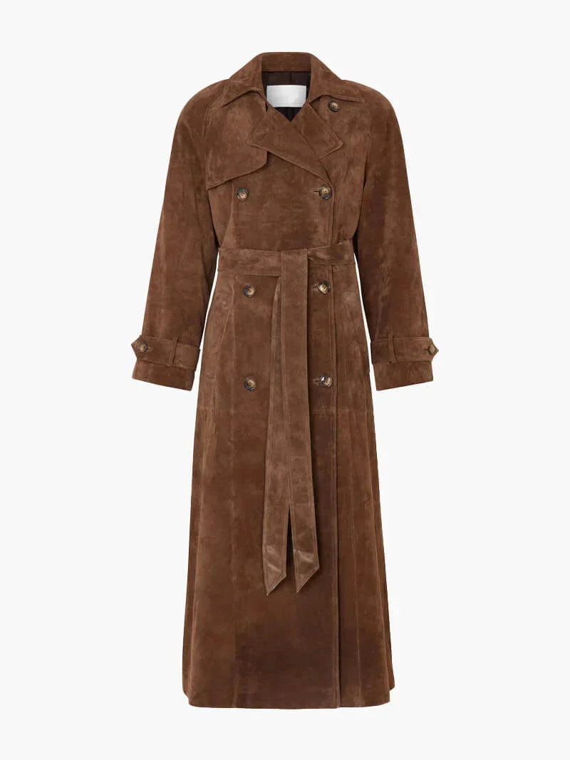 Damen brauner Wildleder Trenchcoat mit Gürtel und Revers