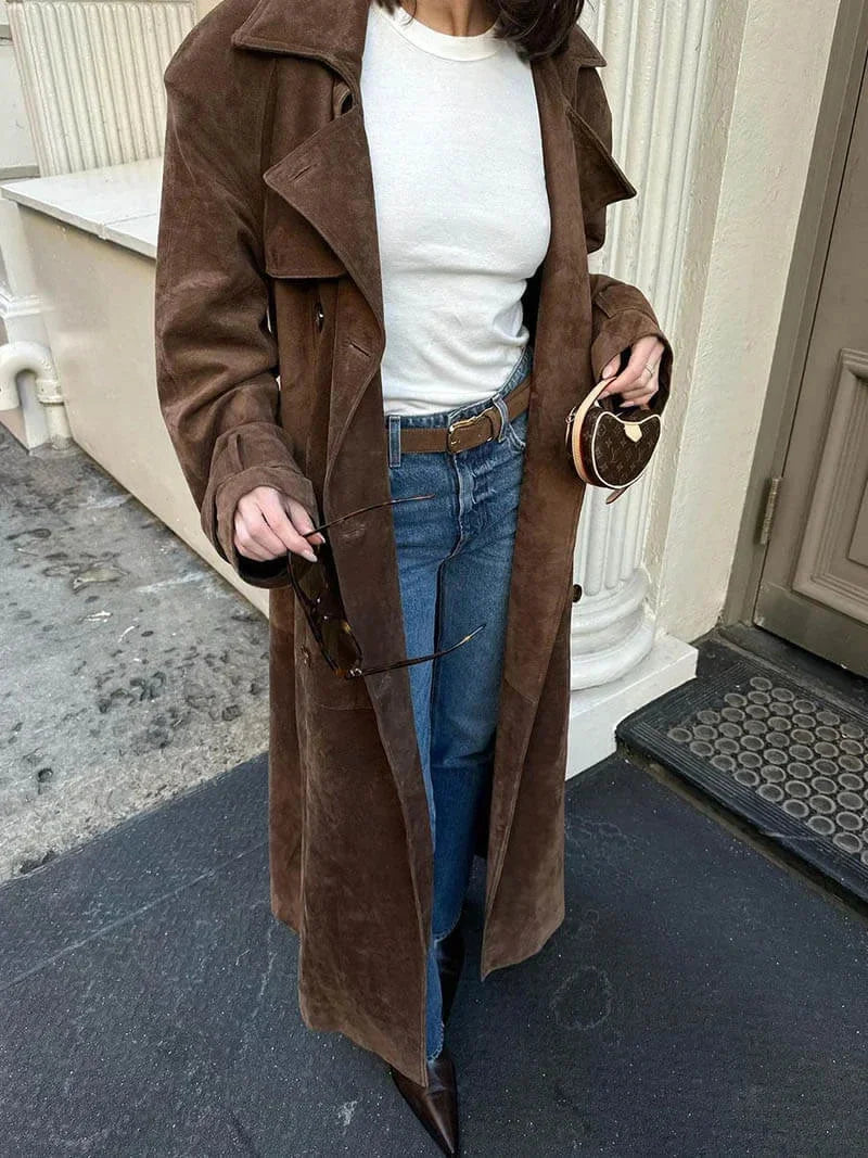 Damen brauner Trenchcoat mit Gürtel und Revers