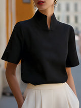 Marlene | Damen Business Stehkragen Kurzarm Bluse – Schwarz