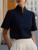 Marlene | Damen Business Stehkragen Kurzarm Bluse – Marineblau
