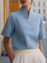 Marlene | Damen Business Stehkragen Kurzarm Bluse – Blau
