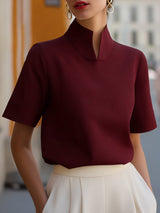 Marlene | Damen Business Stehkragen Kurzarm Bluse – Burgund