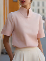 Marlene | Damen Business Stehkragen Kurzarm Bluse – Rosa