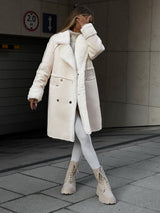 Damen Doppelreihiger Mantel mit Reverskragen und Plüschbesatz – Beige