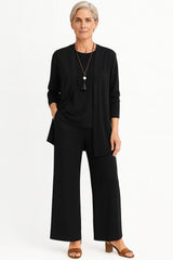 Charlotte | Damen Dreiteiliges Cardigan Tank Top Weite Hosen Set – Schwarz