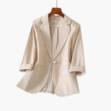 Sophie | Damen Dreiviertelarm Leinen Blazer mit Knopfverschluss – Beige