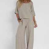 Frieda | Damen Entspanntes Zweiteiliges Leinenset Top Hose – Hellgrau