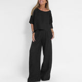 Frieda | Damen Entspanntes Zweiteiliges Leinenset Top Hose – Schwarz
