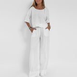 Frieda | Damen Entspanntes Zweiteiliges Leinenset Top Hose – Weiß