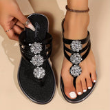 Frieda | Damen Flache Sandalen T-Riemen Strass Zehentrenner – Schwarz