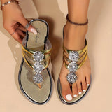 Frieda | Damen Flache Sandalen T-Riemen Strass Zehentrenner – Gold