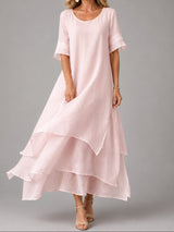 Clara | Damen Fließendes Lagen-Maxikleid Lockerer Schnitt Kurzarm – Rosa