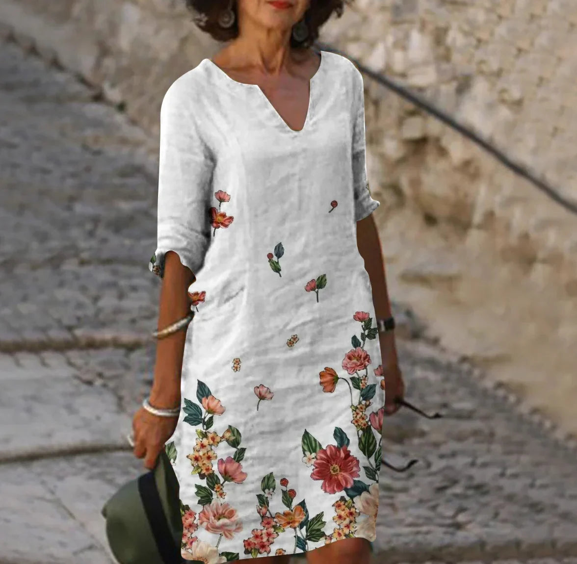 Lässiges Minikleid mit Blumenmuster und 3/4 Ärmeln für Damen