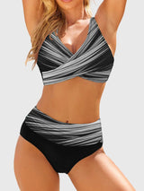 Hannah | Damen Geometrisch Gestreifter Zweiteiler Bikini Schnelltrocknend – Grau