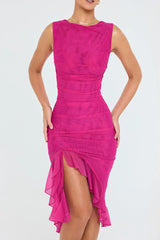 Elfriede | Damen Gerafftes Midikleid mit Chiffon-Rüschensaum – Rosa