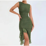 Elfriede | Damen Gerafftes Midikleid mit Chiffon-Rüschensaum – Grün