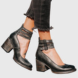 Damen Geschlossene Ankle-Boots mit Seitlichen Ausschnitten, Drei Schnallenriemen und Blockabsatz – Schwarz