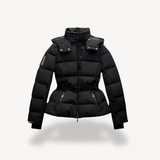 Damen Gesteppte Pufferjacke mit Gürtel Stehkragen Brusttaschen und Reißverschluss – Schwarz