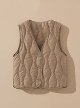 Elfriede | Damen Gesteppter Bodywarmer mit V-Ausschnitt Druckknopf-Thermoweste – Khaki