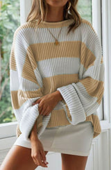 Greta | Damen Gestreifter Oversized Strickpullover Rundhalsausschnitt Langarm – Khaki