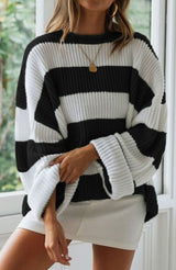 Greta | Damen Gestreifter Oversized Strickpullover Rundhalsausschnitt Langarm – Schwarz