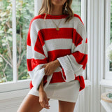 Greta | Damen Gestreifter Oversized Strickpullover Rundhalsausschnitt Langarm – Rot